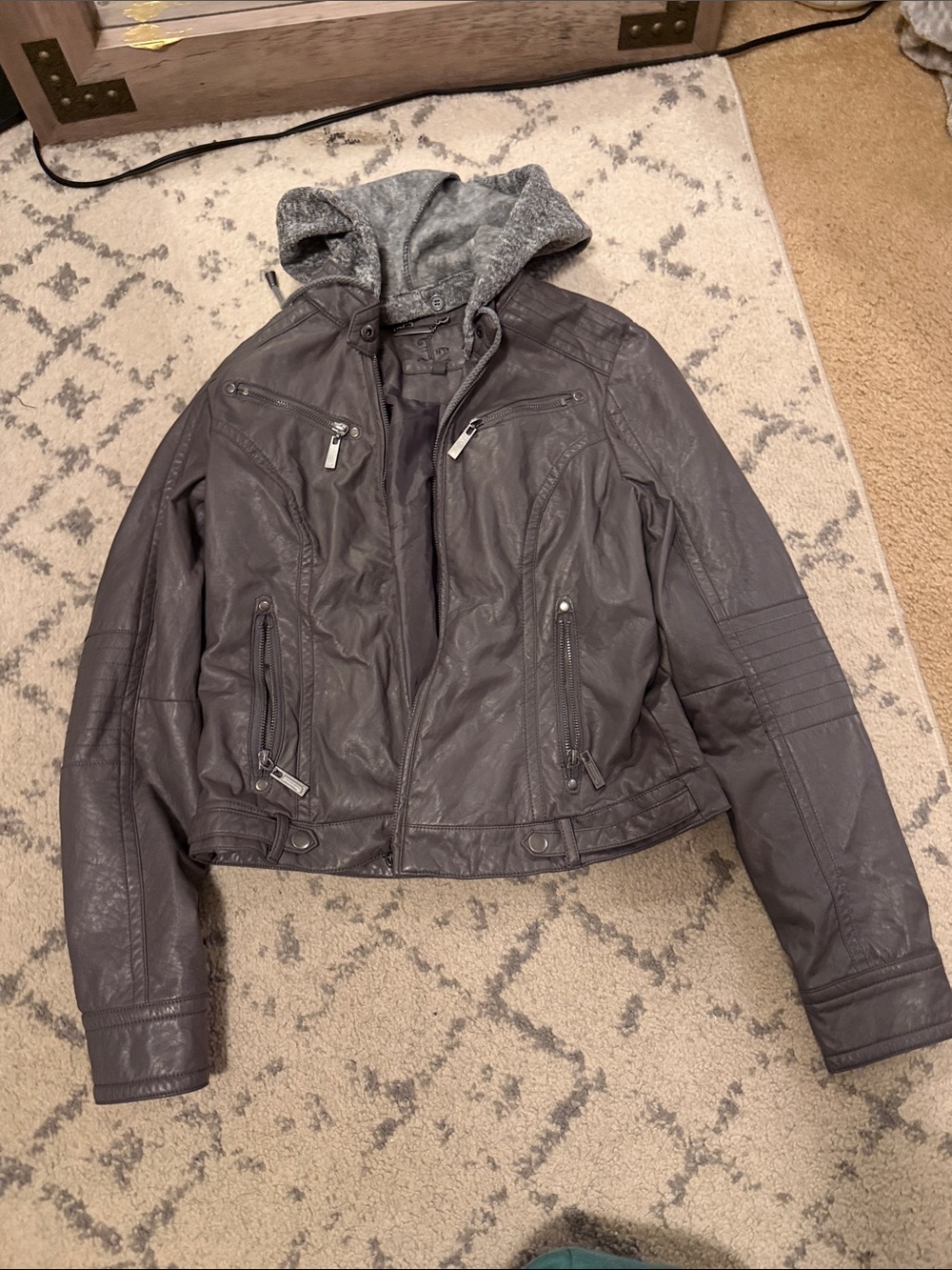 Women's Faux Leather Hooded Moto Jacket in Charcoal Gray